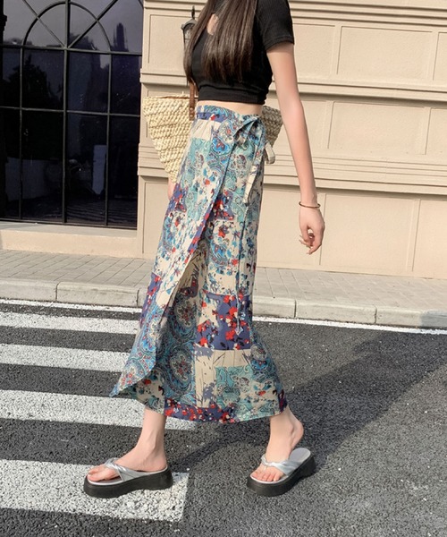 2ly2 スカート 大人ナチュラル♪エスニック柄ラップ風ロングスカート