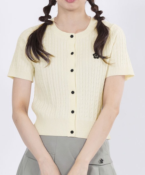 MARY QUANT デイジーワンポイント半袖ケーブル カーディガン（グリーン） マリークワント MARY QUANT デイジーワンポイント半袖ケーブル