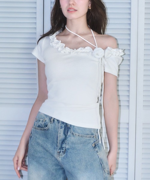 tシャツ ローズフリルチョーカートップス レディース