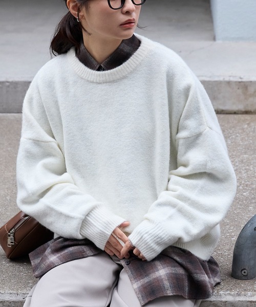 poyon2628　Cニット グレー コクーン ミックスカラー オーバーサイズ クルーネック ニット MONO