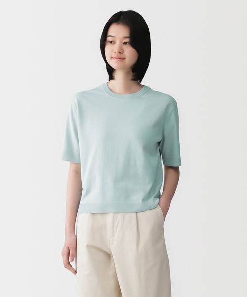 【美品】　慈雨　JIU 五分袖　サマーニット　カットソー　Tシャツ　グリーン 無印良品（MUJI） ニット セーター 婦人 UVカット強撚コットン五分袖