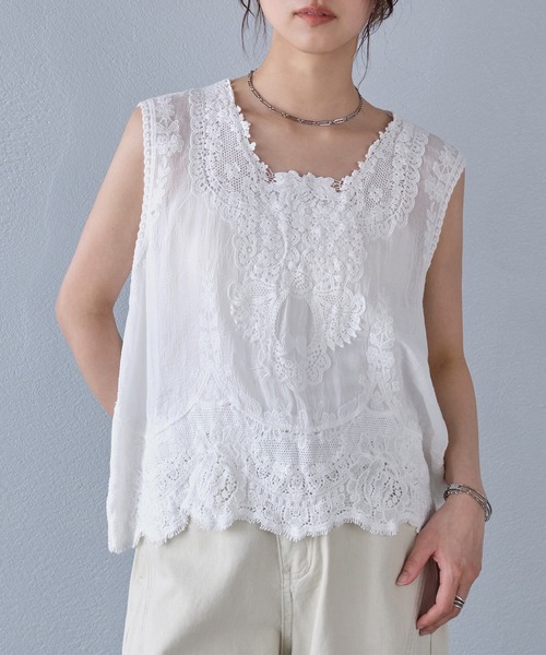 murea ブラウス シャツ 夏 シアーコットンレースフラワーモチーフ