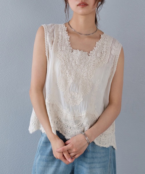 murea ブラウス シャツ 夏 シアーコットンレースフラワーモチーフ