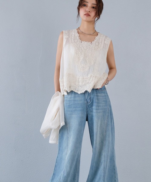 murea ブラウス シャツ 夏 シアーコットンレースフラワーモチーフ 