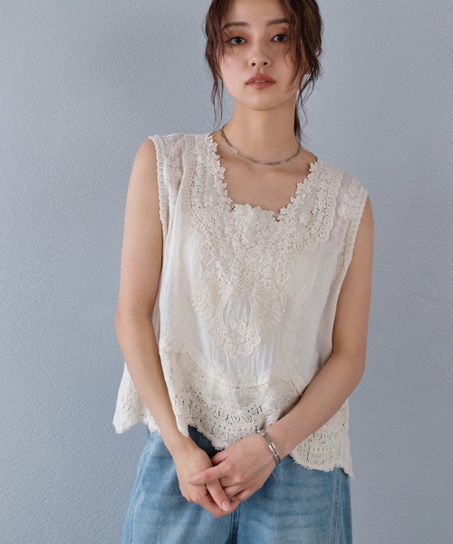 murea ブラウス シャツ シアーコットンレースフラワーモチーフ