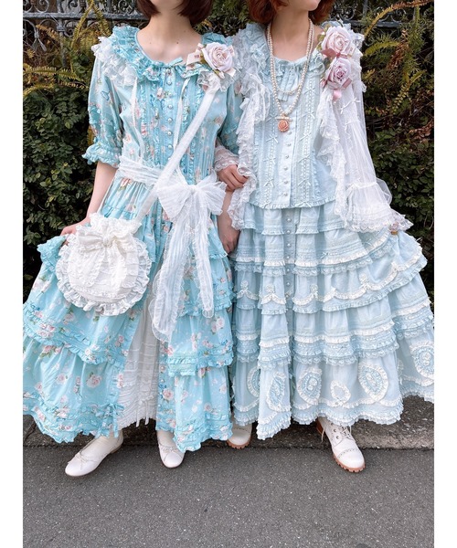 PINK HOUSE ピンクハウス 花柄 ロングスカート レース リボン 水色 PINK HOUSE（ピンクハウス） ロング スカート ローズモチーフ使い配色
