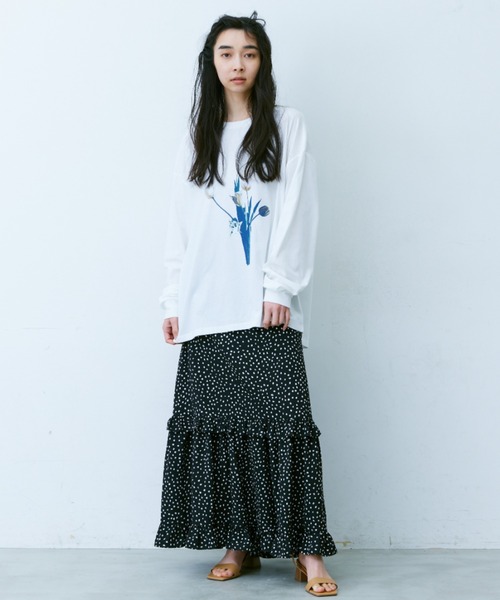 大きいサイズ・フラワープリントカットソー Libra Cue tシャツ Tシャツ フラワープリントロングスリーブ