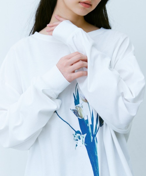 大きいサイズ・フラワープリントカットソー Libra Cue tシャツ Tシャツ フラワープリントロングスリーブ