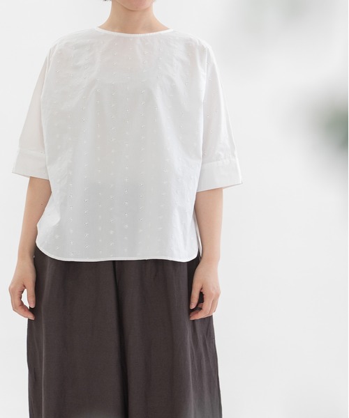 ブラウス シャツ Cloche misc 5分袖ノーカラーブラウス レディース nop de nod ブラウス シャツ Cloche misc 5分袖ノーカラー