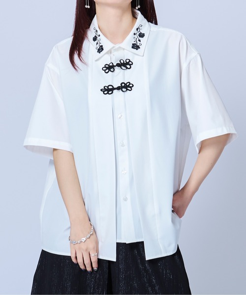 Ellno Loset（エルノロゼット） 七分袖 シャツ 刺繍レイヤードチャイナ