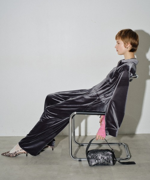 オールインワン Fastener slit velours jumpsuit / ファスナースリット