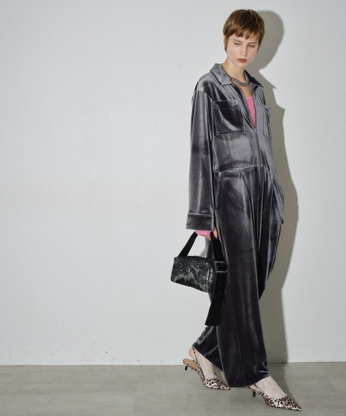 オールインワン Fastener slit velours jumpsuit / ファスナースリット