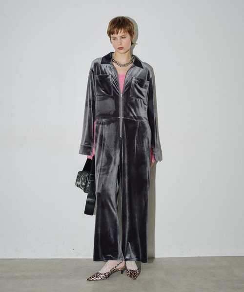 オールインワン Fastener slit velours jumpsuit / ファスナースリット