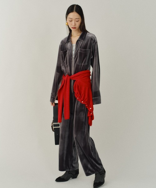 オールインワン Fastener slit velours jumpsuit / ファスナースリット
