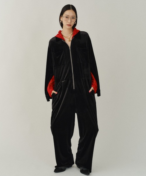 オールインワン Fastener slit velours jumpsuit / ファスナースリット