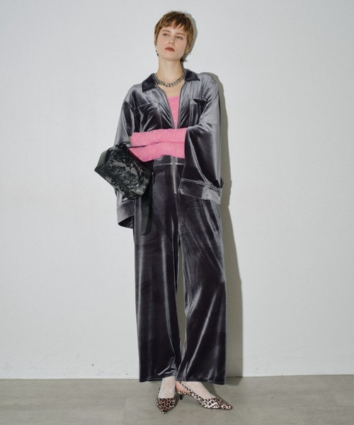 オールインワン Fastener slit velours jumpsuit / ファスナースリット