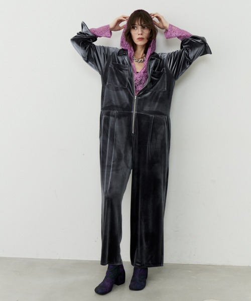 オールインワン Fastener slit velours jumpsuit / ファスナースリット