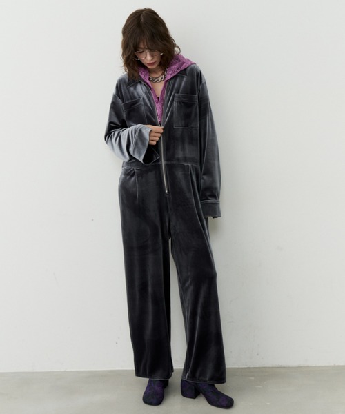 オールインワン Fastener slit velours jumpsuit / ファスナースリット