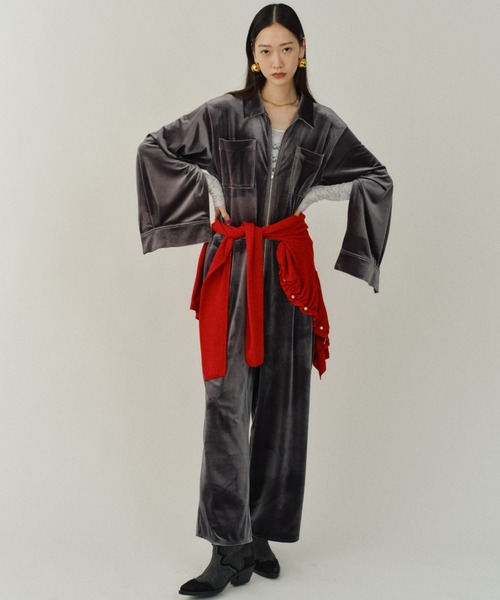 オールインワン Fastener slit velours jumpsuit / ファスナースリット