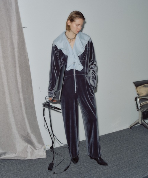 オールインワン Fastener slit velours jumpsuit / ファスナースリット