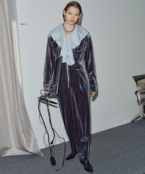 オールインワン Fastener slit velours jumpsuit / ファスナースリット