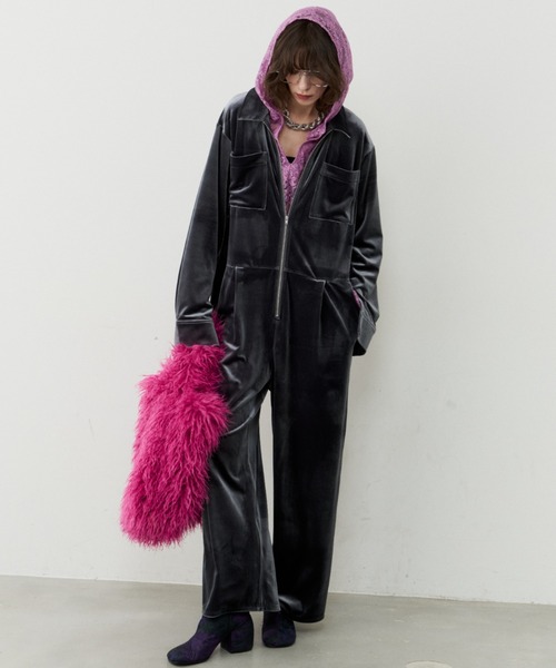 オールインワン Fastener slit velours jumpsuit / ファスナースリット