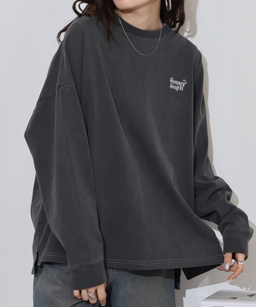 tシャツ 「SUNNY SMITH」ヤシの木ロゴ ワンポイント刺繍ピグメント加工ロングスリーブTシャツ レディース メンズ Sunny Smith tシャツ Sunnysmith ヤシの木ロゴ ワンポイント刺繍