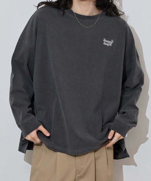 tシャツ 「SUNNY SMITH」ヤシの木ロゴ ワンポイント刺繍ピグメント加工ロングスリーブTシャツ レディース メンズ Sunny Smith tシャツ Sunnysmith ヤシの木ロゴ ワンポイント刺繍