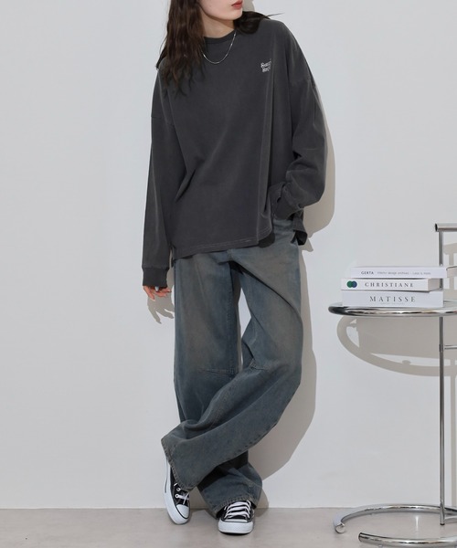 tシャツ 「SUNNY SMITH」ヤシの木ロゴ ワンポイント刺繍ピグメント加工ロングスリーブTシャツ レディース メンズ Sunny Smith tシャツ Sunnysmith ヤシの木ロゴ ワンポイント刺繍