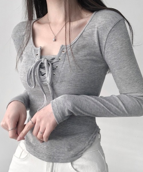 tシャツ スリムアップ スクエアネック レースアップ ロンT/スタイル