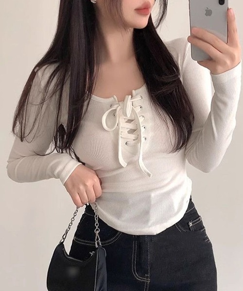 tシャツ スリムアップ スクエアネック レースアップ ロンT/スタイル