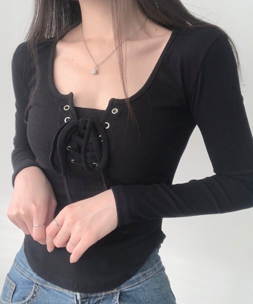 tシャツ スリムアップ スクエアネック レースアップ ロンT/スタイル