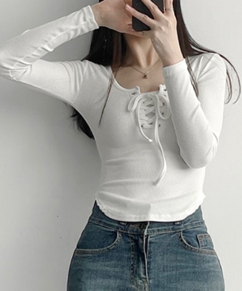 tシャツ スリムアップ スクエアネック レースアップ ロンT/スタイル