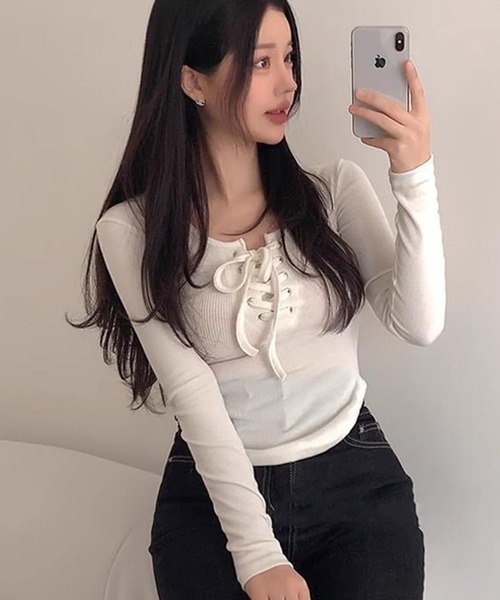 tシャツ スリムアップ スクエアネック レースアップ ロンT/スタイル
