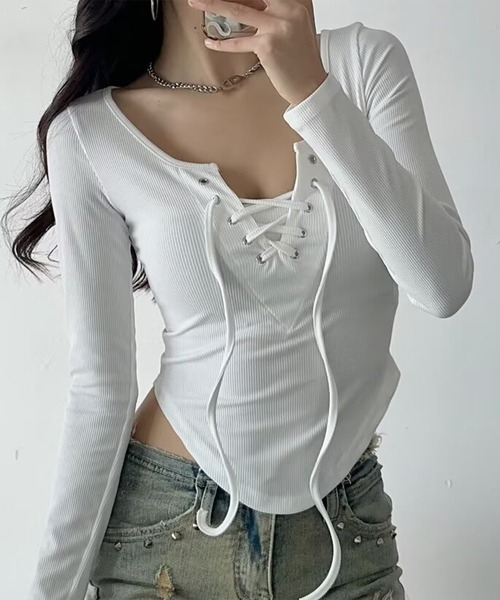 tシャツ スリムアップ スクエアネック レースアップ ロンT/スタイル