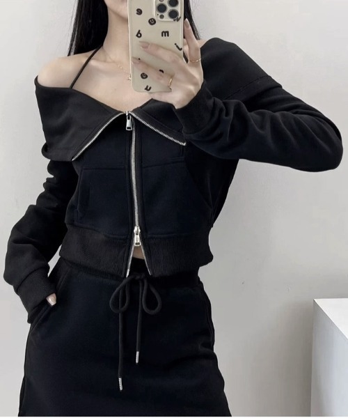 tシャツ 「.KOM/ドットケーオーエム」ホルターネックオフショルダークロップ ZIPUP「Y」「CN」 レディース メンズ