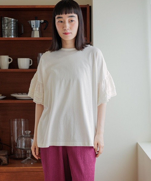 niko and…（ニコアンド） tシャツ フリルレースシャーリングプル