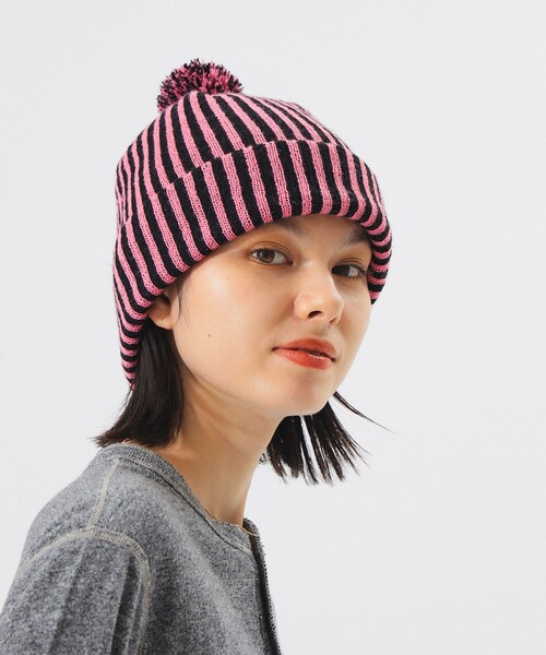 BOTT ピンクと黒のストライプニット帽 INFIELDER DESIGN（インフィールダーデザイン） ニット帽 ニット
