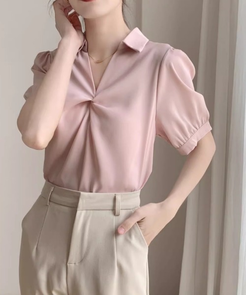 Beststore ブラウス シャツ 半袖 マットサテン フロントあき