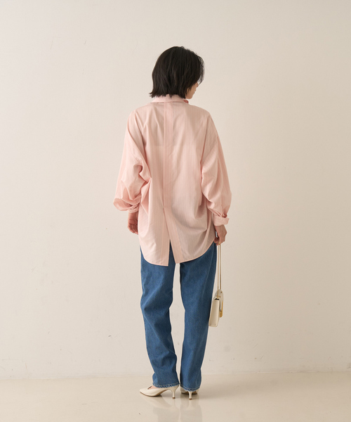 Rouge vif (ルージュヴィフ) ストライプバンドカラーシャツ ブラック FREE シアースタンドネックシャツ/バンドカラーシャツ｜Rouge vif la cle