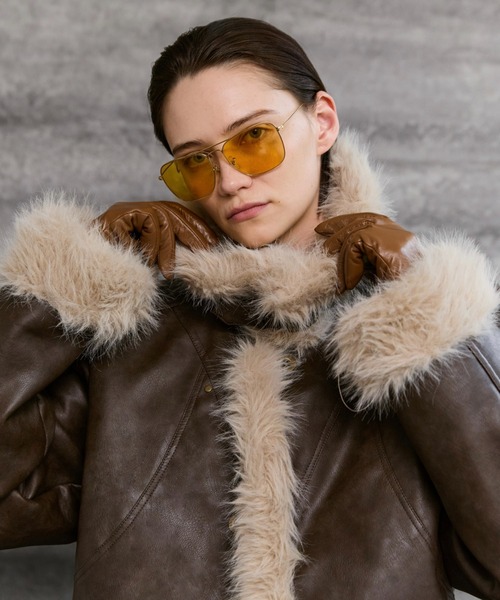 soerte ムートンジャケット ムートンコート Stand Collar Fur-Trimmed