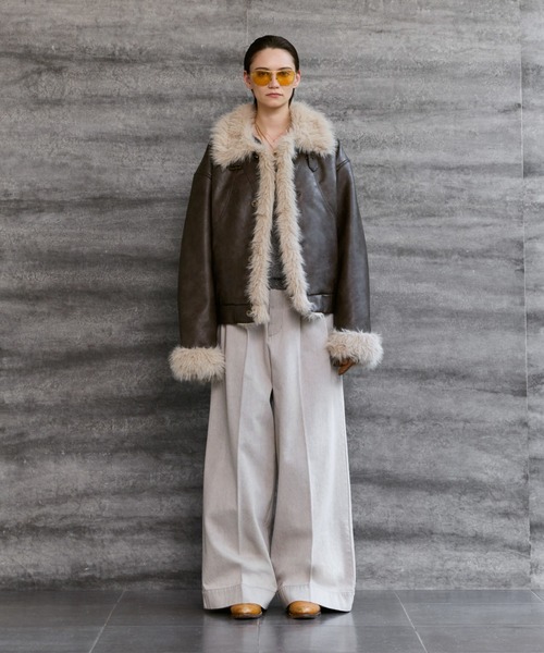 soerte ムートンジャケット ムートンコート Stand Collar Fur-Trimmed