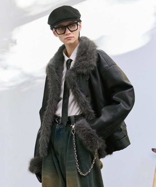 soerte ムートンジャケット ムートンコート Stand Collar Fur-Trimmed