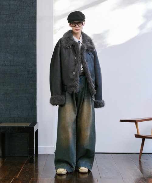 soerte ムートンジャケット ムートンコート Stand Collar Fur-Trimmed