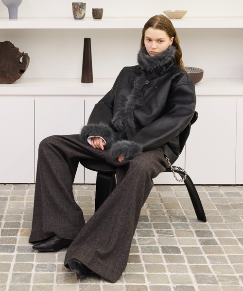 soerte ムートンジャケット ムートンコート Stand Collar Fur-Trimmed