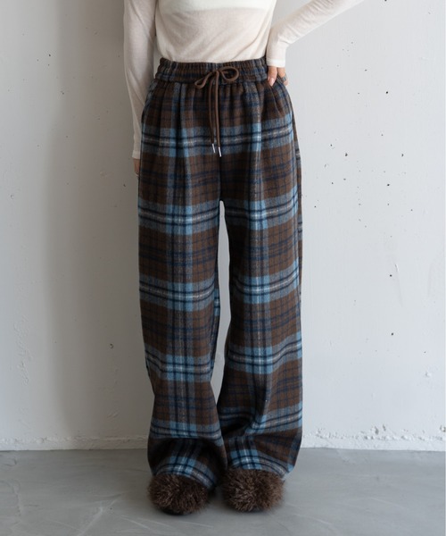 hwyl（ヒュイル） パンツ 起毛チェック柄タックワイドパンツ