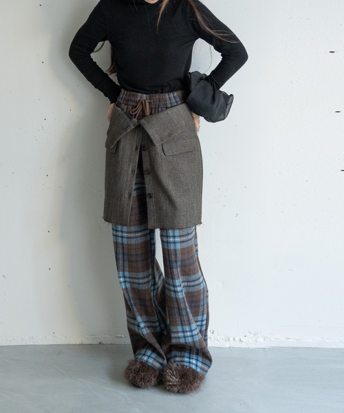 hwyl（ヒュイル） パンツ 起毛チェック柄タックワイドパンツ