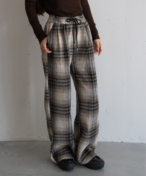 hwyl（ヒュイル） パンツ 起毛チェック柄タックワイドパンツ
