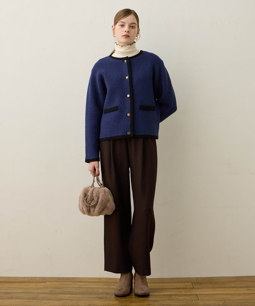 ノーカラーニットジャケット　NAVY LE SOUK HOLIDAY（ルスークホリデー） カーディガン ノーカラーニット