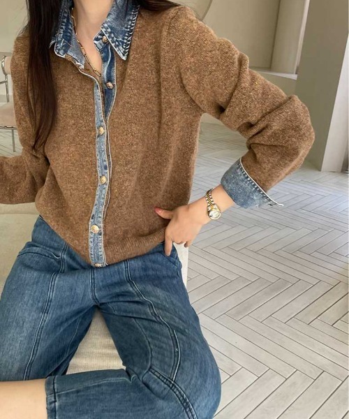 sorule カーディガン デニムドッキングニットカーディガン レディース